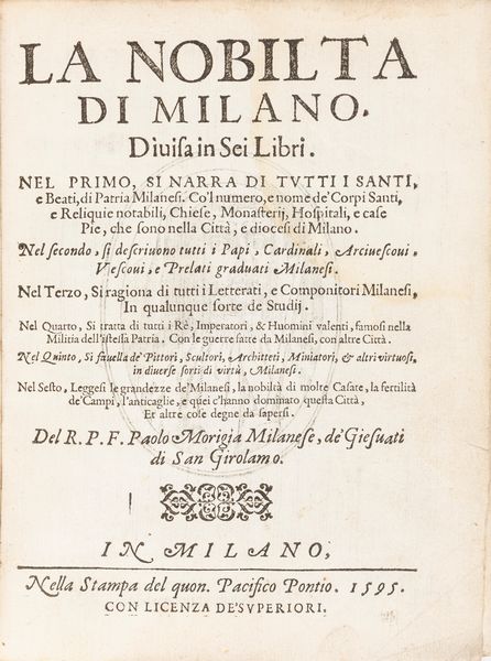 Morigia, Paolo : La nobilta di Milano. Diuisa in sei libri.  - Asta Libri, autografi e stampe - Associazione Nazionale - Case d'Asta italiane
