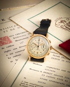 PATEK PHILIPPE : cronografo 1579 personalizzato per Gobbi, con garanzie e libretti originali, 1955  - Asta Orologi - Associazione Nazionale - Case d'Asta italiane