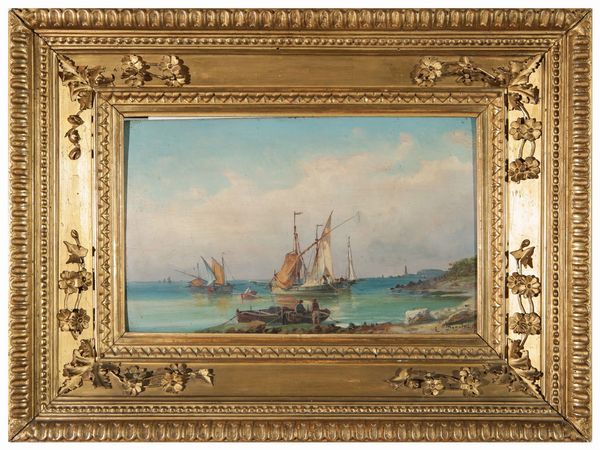 Emilio Donnini : Veduta di porto con barche  - Asta Arredi e Dipinti dal Castello di Gamberaia a Firenze - Associazione Nazionale - Case d'Asta italiane