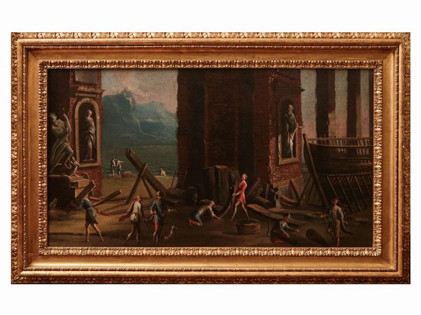 Ascanio Luciani : Cantiere navale con rovine e personaggi  - Asta Arredi e Dipinti dal Castello di Gamberaia a Firenze - Associazione Nazionale - Case d'Asta italiane