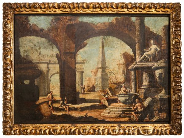 Scuola veneta : Capricci architettonici con rovine e personaggi  - Asta Arredi e Dipinti dal Castello di Gamberaia a Firenze - Associazione Nazionale - Case d'Asta italiane