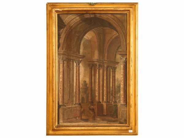 Scuola veneta : Capriccio architettonico con personaggi  - Asta Arredi e Dipinti dal Castello di Gamberaia a Firenze - Associazione Nazionale - Case d'Asta italiane