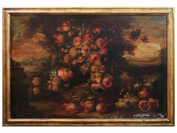 Maniera della pittura del diciassettesimo secolo : Nature morte con fiori e frutta  - Asta Arredi e Dipinti dal Castello di Gamberaia a Firenze - Associazione Nazionale - Case d'Asta italiane