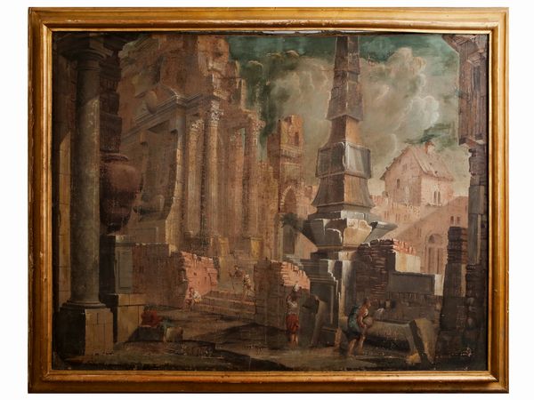 Cerchia di Marco Ricci : Paesaggio con rovine  - Asta Arredi e Dipinti dal Castello di Gamberaia a Firenze - Associazione Nazionale - Case d'Asta italiane