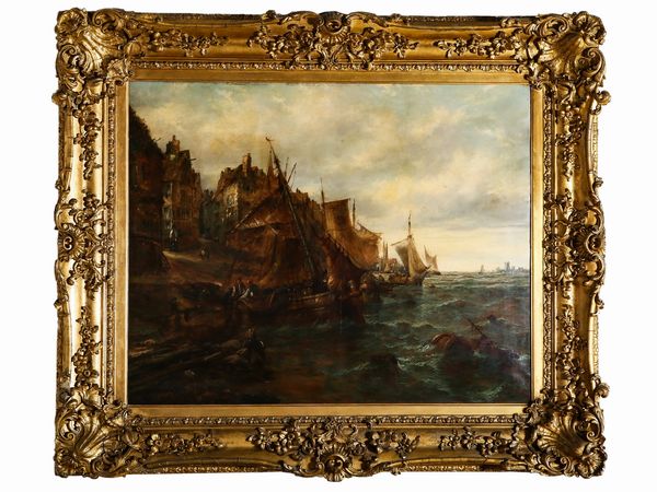 Scuola nordeuropea : Veduta di porto con barche e pescatori  - Asta Arredi e Dipinti dal Castello di Gamberaia a Firenze - Associazione Nazionale - Case d'Asta italiane