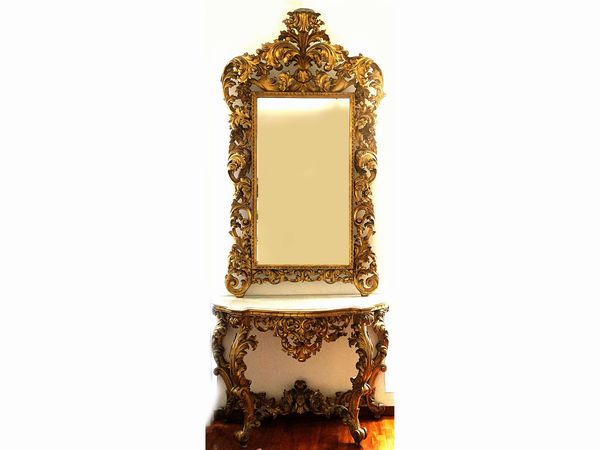 Console con specchiera in legno intagliato e dorato  - Asta Arredi e Dipinti dal Castello di Gamberaia a Firenze - Associazione Nazionale - Case d'Asta italiane