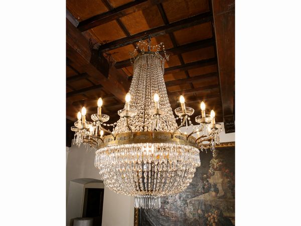 Monumentale lampadario a paniere in bronzo dorato e cristallo  - Asta Arredi e Dipinti dal Castello di Gamberaia a Firenze - Associazione Nazionale - Case d'Asta italiane