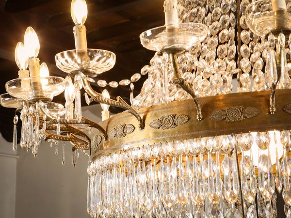 Monumentale lampadario a paniere in bronzo dorato e cristallo  - Asta Arredi e Dipinti dal Castello di Gamberaia a Firenze - Associazione Nazionale - Case d'Asta italiane
