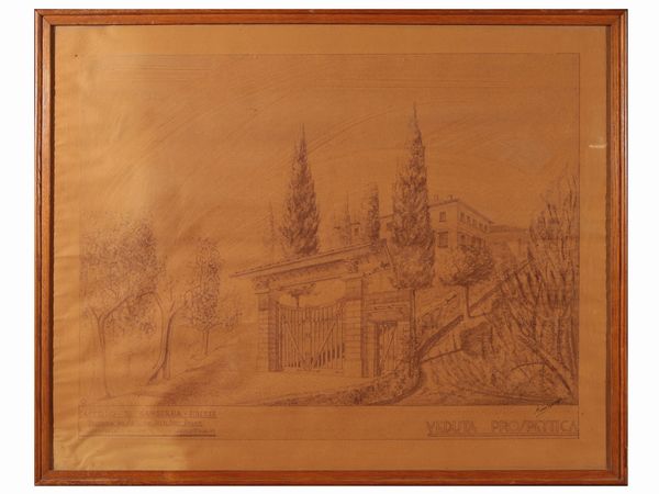 Veduta prospettica del Castello di Gamberaia  - Asta Arredi e Dipinti dal Castello di Gamberaia a Firenze - Associazione Nazionale - Case d'Asta italiane