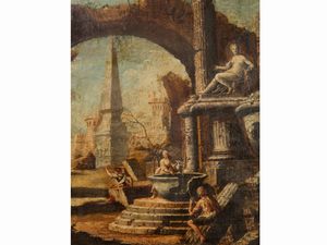 Scuola veneta : Capricci architettonici con rovine e personaggi  - Asta Arredi e Dipinti dal Castello di Gamberaia a Firenze - Associazione Nazionale - Case d'Asta italiane