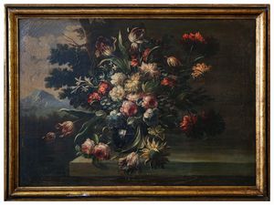 Maniera della pittura del diciassettesimo secolo : Nature morte con fiori  - Asta Arredi e Dipinti dal Castello di Gamberaia a Firenze - Associazione Nazionale - Case d'Asta italiane