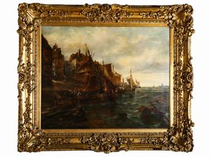 Scuola nordeuropea - Veduta di porto con barche e pescatori