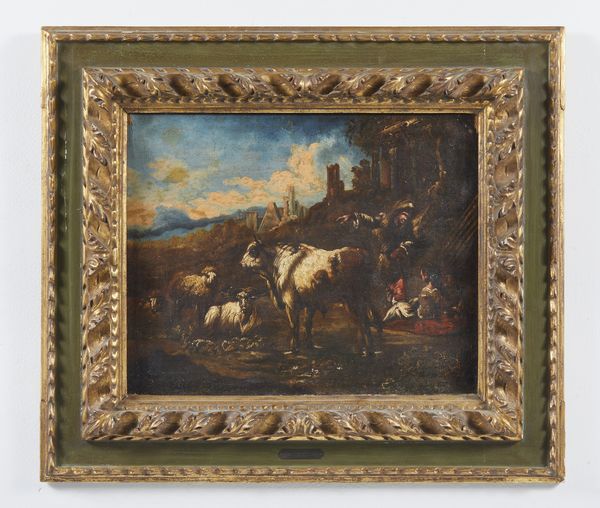 PHILIPP PETER ROOS DETTO ROSA DA TIVOLI  (1657 - 1706) : Paesaggio con rovine, armenti e pastore  - Asta Asta 387 | ARTE ANTICA E DEL XIX SECOLO - DAL RINASCIMENTO AL SIMBOLISMO: OPERE DA COLLEZIONI ITALIANE Tradizionale - Associazione Nazionale - Case d'Asta italiane
