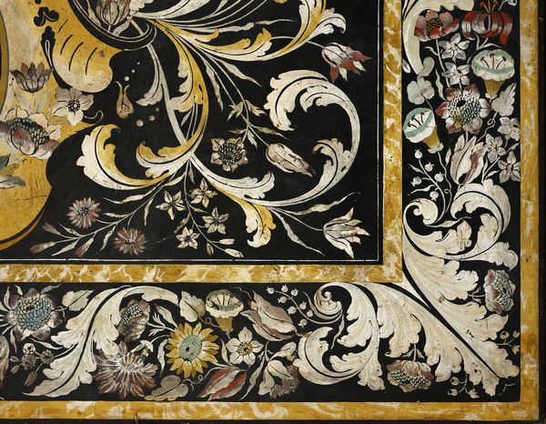FLAMINI (XVIII SECOLO) NICOLA : Attribuito a. Grande piano in scagliola di forma rettangolare, centrato da stemma gentilizio da cui si dipartono spirali e racemi floreali su fondo nero, bordo con decorazioni vegetali e floreali  - Asta Asta 387 | ARTE ANTICA E DEL XIX SECOLO - DAL RINASCIMENTO AL SIMBOLISMO: OPERE DA COLLEZIONI ITALIANE Tradizionale - Associazione Nazionale - Case d'Asta italiane