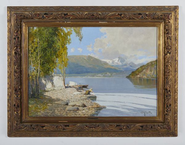 MAZZOLANI BRUTO (1880 - 1949) : Veduta lacustre con lavandaie  - Asta Asta 387 | ARTE ANTICA E DEL XIX SECOLO - DAL RINASCIMENTO AL SIMBOLISMO: OPERE DA COLLEZIONI ITALIANE Tradizionale - Associazione Nazionale - Case d'Asta italiane