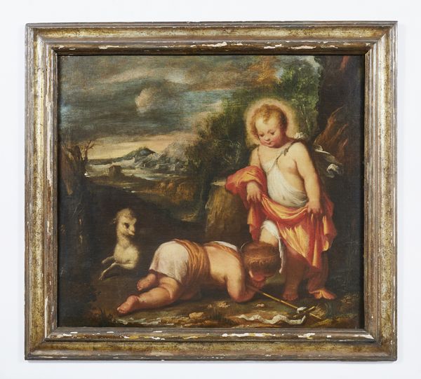 ARTISTA GENOVESE DEL XVII SECOLO : Ges Bambino con San Giovannino in un paesaggio  - Asta Asta 387 | ARTE ANTICA E DEL XIX SECOLO - DAL RINASCIMENTO AL SIMBOLISMO: OPERE DA COLLEZIONI ITALIANE Tradizionale - Associazione Nazionale - Case d'Asta italiane