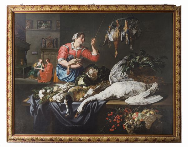 VAN UTRECHT ADRIAEN (1599 - 1652) : Ambito di. Scena di cucina con natura morta di cacciagione, frutta e ortaggi (Cristo nella casa di Marta e Maria)  - Asta Asta 387 | ARTE ANTICA E DEL XIX SECOLO - DAL RINASCIMENTO AL SIMBOLISMO: OPERE DA COLLEZIONI ITALIANE Tradizionale - Associazione Nazionale - Case d'Asta italiane