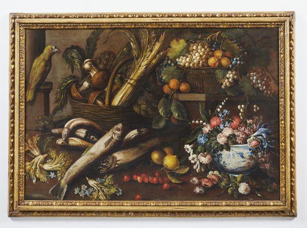 ARTISTA TOSCANO DEL XVII SECOLO : Natura morta con pesci, fiori, frutta, verdura e un pappagallo  - Asta Asta 387 | ARTE ANTICA E DEL XIX SECOLO - DAL RINASCIMENTO AL SIMBOLISMO: OPERE DA COLLEZIONI ITALIANE Tradizionale - Associazione Nazionale - Case d'Asta italiane