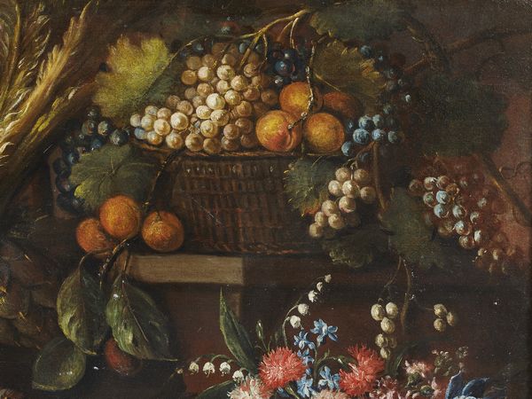 ARTISTA TOSCANO DEL XVII SECOLO : Natura morta con pesci, fiori, frutta, verdura e un pappagallo  - Asta Asta 387 | ARTE ANTICA E DEL XIX SECOLO - DAL RINASCIMENTO AL SIMBOLISMO: OPERE DA COLLEZIONI ITALIANE Tradizionale - Associazione Nazionale - Case d'Asta italiane