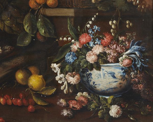 ARTISTA TOSCANO DEL XVII SECOLO : Natura morta con pesci, fiori, frutta, verdura e un pappagallo  - Asta Asta 387 | ARTE ANTICA E DEL XIX SECOLO - DAL RINASCIMENTO AL SIMBOLISMO: OPERE DA COLLEZIONI ITALIANE Tradizionale - Associazione Nazionale - Case d'Asta italiane