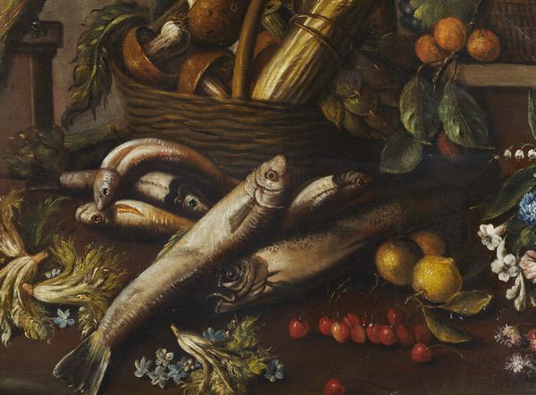 ARTISTA TOSCANO DEL XVII SECOLO : Natura morta con pesci, fiori, frutta, verdura e un pappagallo  - Asta Asta 387 | ARTE ANTICA E DEL XIX SECOLO - DAL RINASCIMENTO AL SIMBOLISMO: OPERE DA COLLEZIONI ITALIANE Tradizionale - Associazione Nazionale - Case d'Asta italiane
