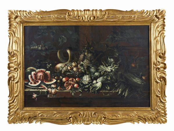PAOLETTI PAOLO (1671 - 1735) : Natura morta con angurie, zucche, melagrani, carciofi, cardi, uva e pesche  - Asta Asta 387 | ARTE ANTICA E DEL XIX SECOLO - DAL RINASCIMENTO AL SIMBOLISMO: OPERE DA COLLEZIONI ITALIANE Tradizionale - Associazione Nazionale - Case d'Asta italiane