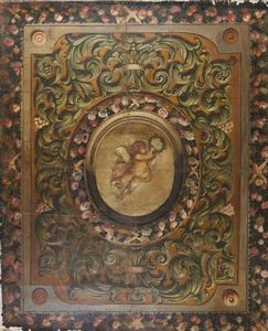ARTISTA DEL XVII SECOLO - Grande tela raffigurante un puttino circondato da decorazioni vegetali e cornucopie