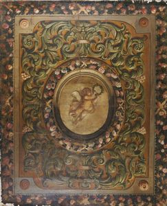 ARTISTA DEL XVII SECOLO - Grande tela raffigurante un puttino circondato da decorazioni vegetali e cornucopie