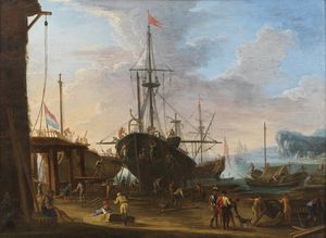 ARTISTA DEL XVII-XVIII SECOLO - Porto con barche e personaggi