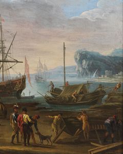 ARTISTA DEL XVII-XVIII SECOLO : Porto con barche e personaggi  - Asta Asta 387 | ARTE ANTICA E DEL XIX SECOLO - DAL RINASCIMENTO AL SIMBOLISMO: OPERE DA COLLEZIONI ITALIANE Tradizionale - Associazione Nazionale - Case d'Asta italiane
