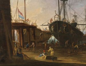 ARTISTA DEL XVII-XVIII SECOLO : Porto con barche e personaggi  - Asta Asta 387 | ARTE ANTICA E DEL XIX SECOLO - DAL RINASCIMENTO AL SIMBOLISMO: OPERE DA COLLEZIONI ITALIANE Tradizionale - Associazione Nazionale - Case d'Asta italiane