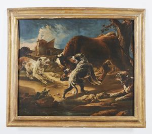 PHILIPP PETER ROOS DETTO ROSA DA TIVOLI  (1657 - 1706) : Cani che attaccano un toro  - Asta Asta 387 | ARTE ANTICA E DEL XIX SECOLO - DAL RINASCIMENTO AL SIMBOLISMO: OPERE DA COLLEZIONI ITALIANE Tradizionale - Associazione Nazionale - Case d'Asta italiane