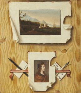 ARTISTA FRANCESE DEL XVIII SECOLO - Trompe l'oeil con paesaggio marino e profilo di donna