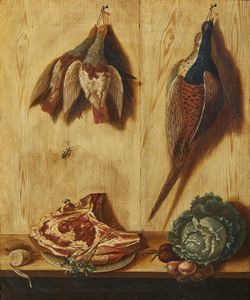 ARTISTA DEL XVIII SECOLO - Trompe l'oeil con cacciagione, verdura e carne