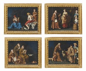 GAMBARINI GIUSEPPE (1680 - 1725) - Gruppo di quattro dipinti raffiguranti scene di interno con monaci