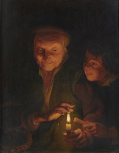 ARTISTA FIAMMINGO DEL XIX SECOLO - Scena d'interno a lume di candela con donna e bambino
