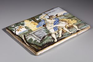 CASTELLI D'ABRUZZO, XVIII SECOLO : Placca in maiolica policroma raffigurante Caino e Abele  - Asta Asta 387 | ARTE ANTICA E DEL XIX SECOLO - DAL RINASCIMENTO AL SIMBOLISMO: OPERE DA COLLEZIONI ITALIANE Tradizionale - Associazione Nazionale - Case d'Asta italiane