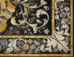 FLAMINI (XVIII SECOLO) NICOLA : Attribuito a. Grande piano in scagliola di forma rettangolare, centrato da stemma gentilizio da cui si dipartono spirali e racemi floreali su fondo nero, bordo con decorazioni vegetali e floreali  - Asta Asta 387 | ARTE ANTICA E DEL XIX SECOLO - DAL RINASCIMENTO AL SIMBOLISMO: OPERE DA COLLEZIONI ITALIANE Tradizionale - Associazione Nazionale - Case d'Asta italiane