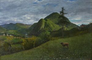 SOLDINI ARNALDO (1862 - 1936) - Paesaggio montano con mucca