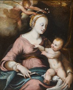 ARTISTA SENESE DEL XVI SECOLO - Madonna con Bambino e angelo