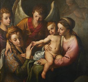 ARTISTA EMILIANO DEL XVII SECOLO : Sposalizio mistico di Santa Caterina d'Alessandria  - Asta Asta 387 | ARTE ANTICA E DEL XIX SECOLO - DAL RINASCIMENTO AL SIMBOLISMO: OPERE DA COLLEZIONI ITALIANE Tradizionale - Associazione Nazionale - Case d'Asta italiane