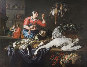 VAN UTRECHT ADRIAEN (1599 - 1652) - Ambito di. Scena di cucina con natura morta di cacciagione, frutta e ortaggi (Cristo nella casa di Marta e Maria)
