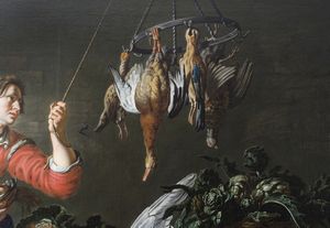 VAN UTRECHT ADRIAEN (1599 - 1652) : Ambito di. Scena di cucina con natura morta di cacciagione, frutta e ortaggi (Cristo nella casa di Marta e Maria)  - Asta Asta 387 | ARTE ANTICA E DEL XIX SECOLO - DAL RINASCIMENTO AL SIMBOLISMO: OPERE DA COLLEZIONI ITALIANE Tradizionale - Associazione Nazionale - Case d'Asta italiane