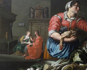 VAN UTRECHT ADRIAEN (1599 - 1652) : Ambito di. Scena di cucina con natura morta di cacciagione, frutta e ortaggi (Cristo nella casa di Marta e Maria)  - Asta Asta 387 | ARTE ANTICA E DEL XIX SECOLO - DAL RINASCIMENTO AL SIMBOLISMO: OPERE DA COLLEZIONI ITALIANE Tradizionale - Associazione Nazionale - Case d'Asta italiane