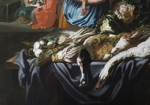 VAN UTRECHT ADRIAEN (1599 - 1652) : Ambito di. Scena di cucina con natura morta di cacciagione, frutta e ortaggi (Cristo nella casa di Marta e Maria)  - Asta Asta 387 | ARTE ANTICA E DEL XIX SECOLO - DAL RINASCIMENTO AL SIMBOLISMO: OPERE DA COLLEZIONI ITALIANE Tradizionale - Associazione Nazionale - Case d'Asta italiane