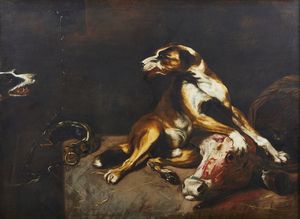 SNYDERS FRANS (1579 - 1657) - Bottega di. Due cani che si contendono una testa di bue