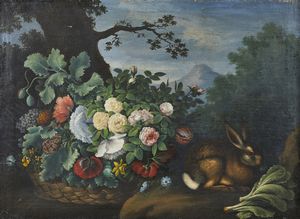 ARTISTA FIAMMINGO DEL XVII SECOLO - Natura morta con cesto di fiori e lepre in un paesaggio