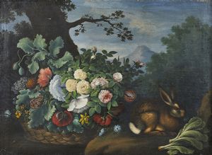 ARTISTA FIAMMINGO DEL XVII SECOLO - Natura morta con cesto di fiori e lepre in un paesaggio
