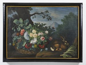 ARTISTA FIAMMINGO DEL XVII SECOLO : Natura morta con cesto di fiori e lepre in un paesaggio  - Asta Asta 387 | ARTE ANTICA E DEL XIX SECOLO - DAL RINASCIMENTO AL SIMBOLISMO: OPERE DA COLLEZIONI ITALIANE Tradizionale - Associazione Nazionale - Case d'Asta italiane