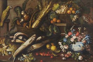 ARTISTA TOSCANO DEL XVII SECOLO - Natura morta con pesci, fiori, frutta, verdura e un pappagallo